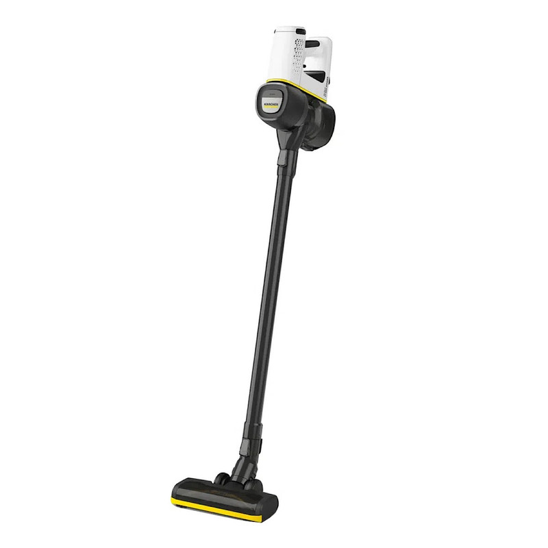 جارو شارژی عصایی کرشر مدل VC 4 CORDLESS با باتری 21.6 ولت، ظرفیت مخزن 650 میلی‌لیتر، قابلیت تنظیم سرعت، فیلتر قابل شست‌وشو، پاروی اصلی چندسطحی و دو سری نازل مخصوص شکاف و گردوغبار، دسته قابل تنظیم و پایه دیواری برای شارژ و نگهداری آسان